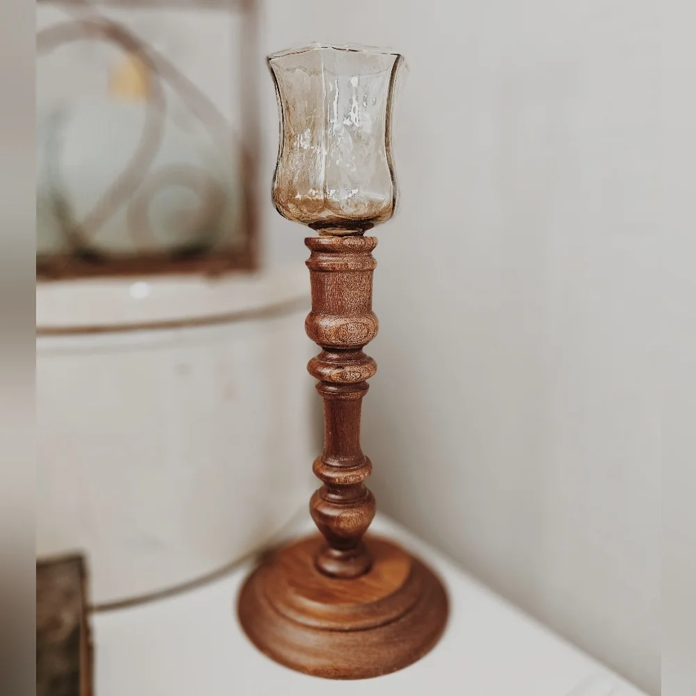 Vintage Glass + Wood Candle Holder - Picture 1 of 3
